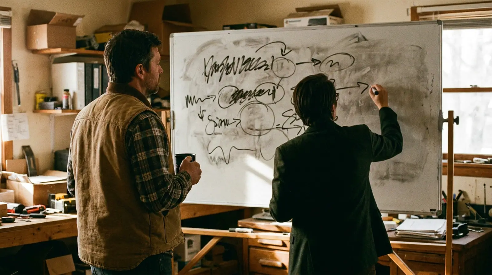 Consultant sketching boxes and arrows on a whiteboard in a small workshop office while a business owner in a work vest watches, coffee in hand