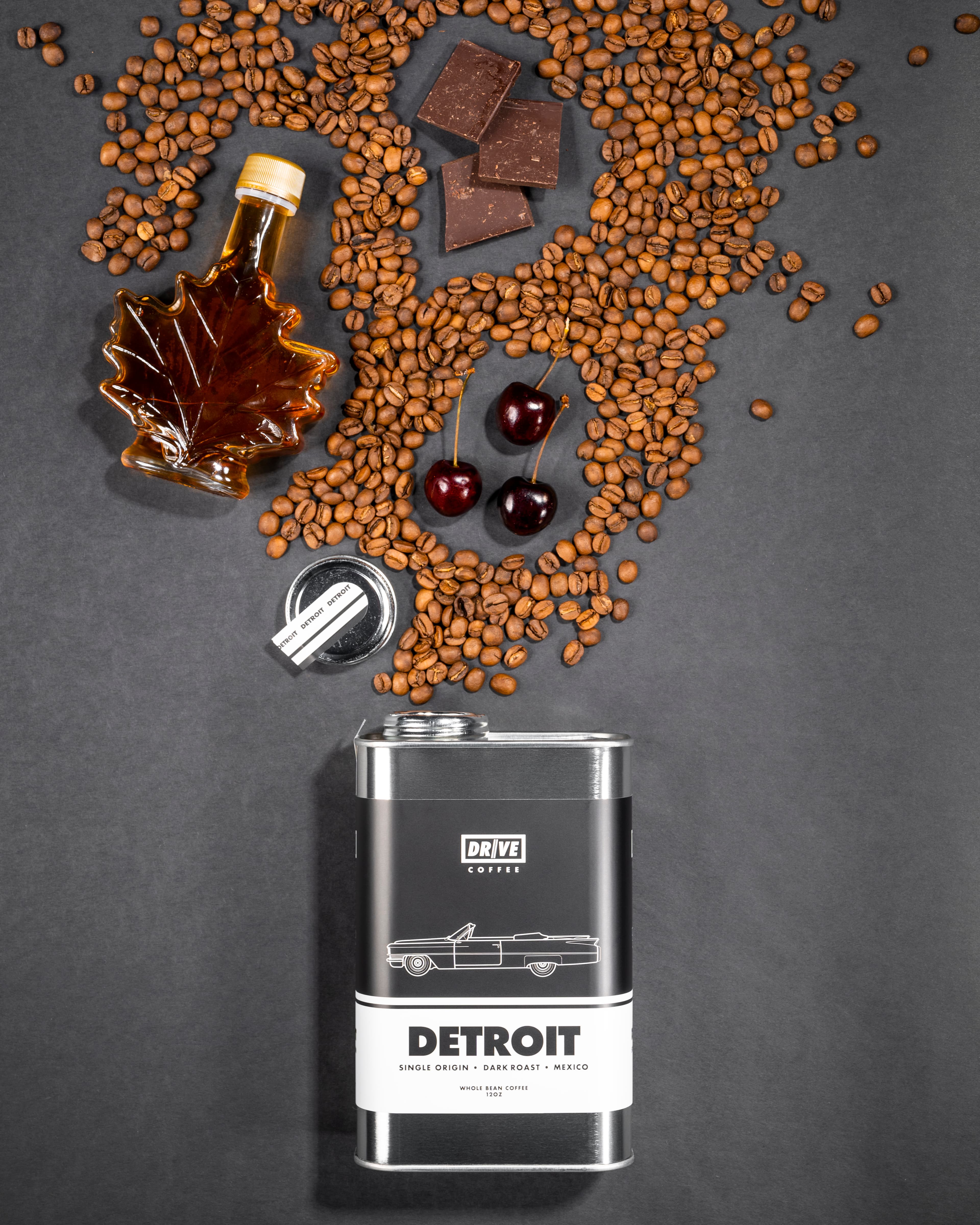 F1 Detroit coffee bean spill product photography